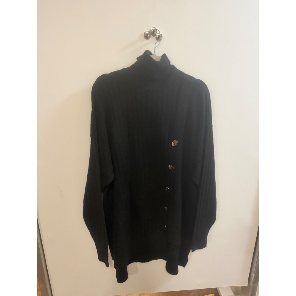 Akira Black Turtleneck Heart Button Ribbed Knit Asymmetrical Sweater